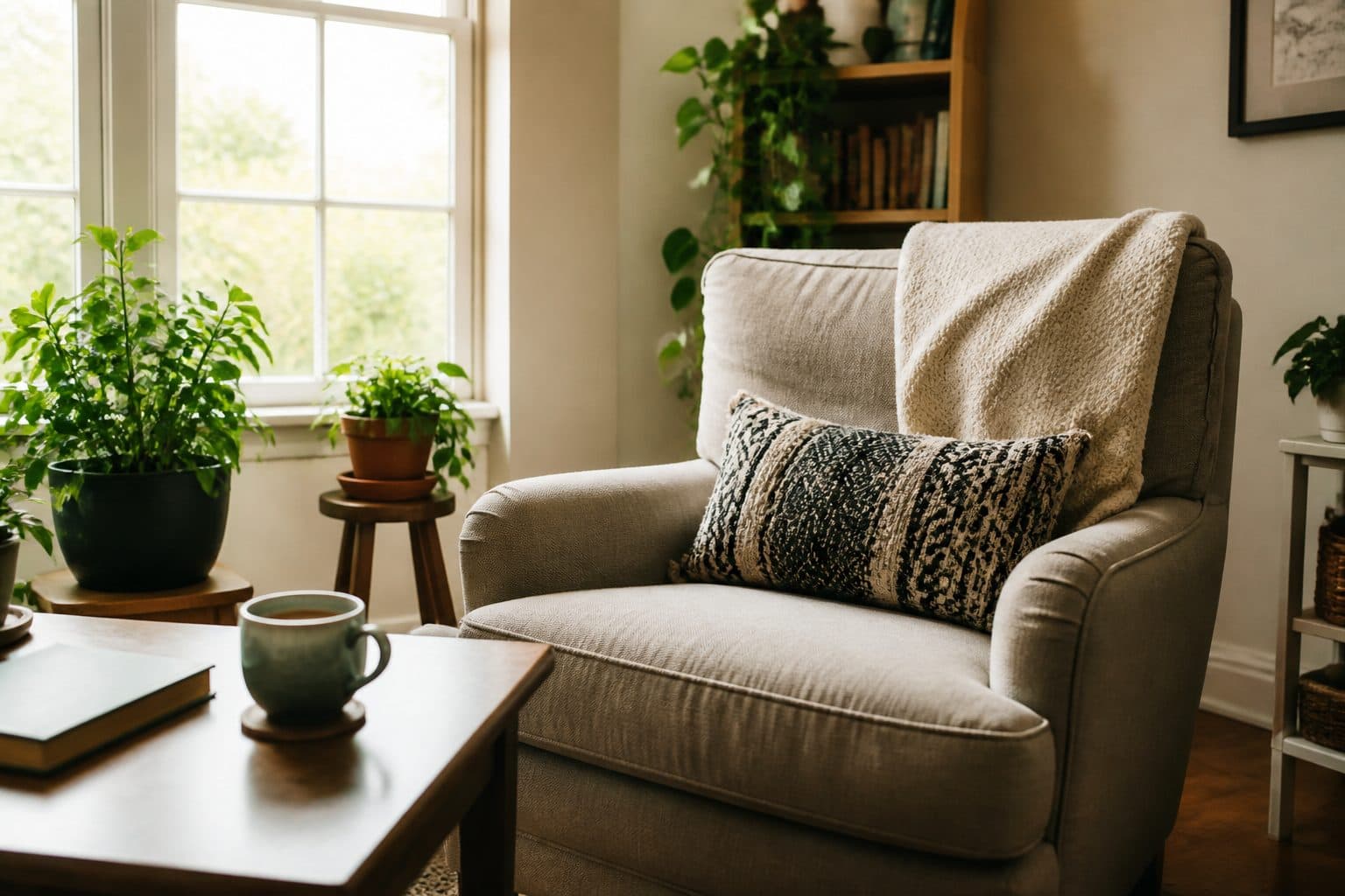 A chair by a window, a cup on the table