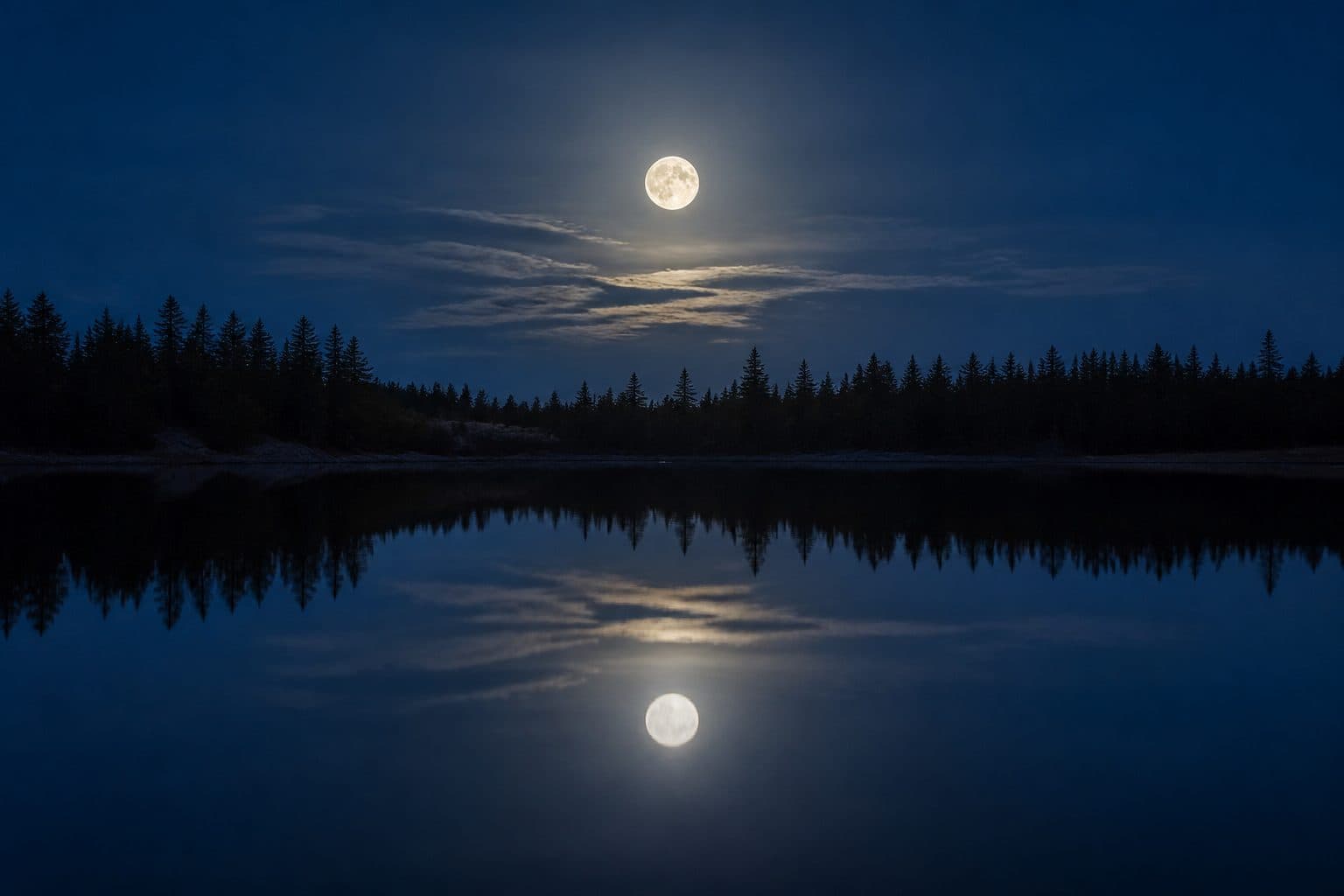 A full moon over a still lake