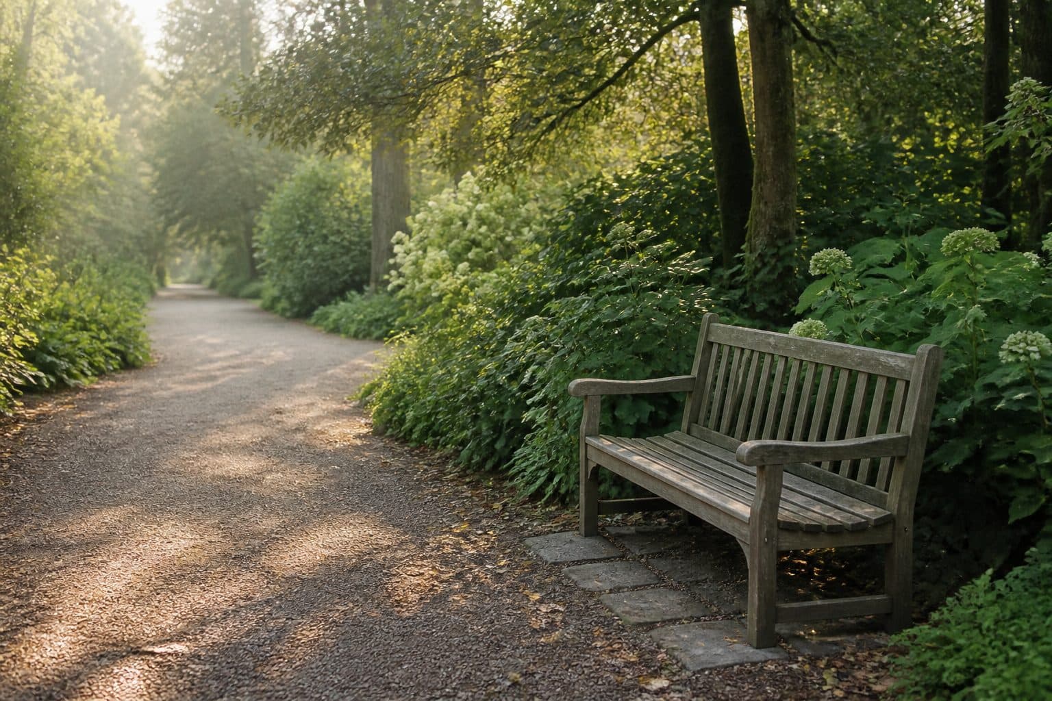 A garden path and bench in morning light